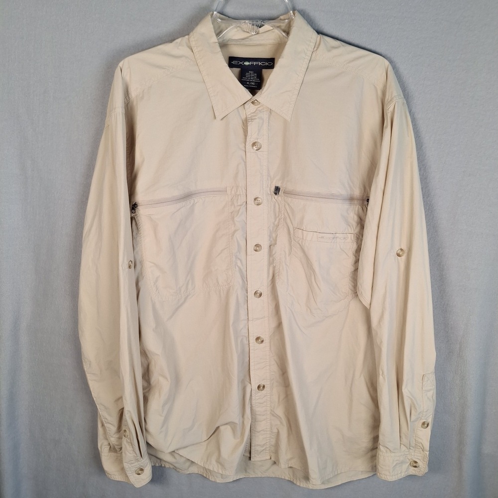 ExOfficio‎ Air Strip Mens XL Shirt Long Sleeve Hiking Fishing Vented Beige Tan